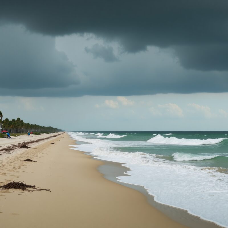 storm clouds rolling in on a sandy waterfront shoreline