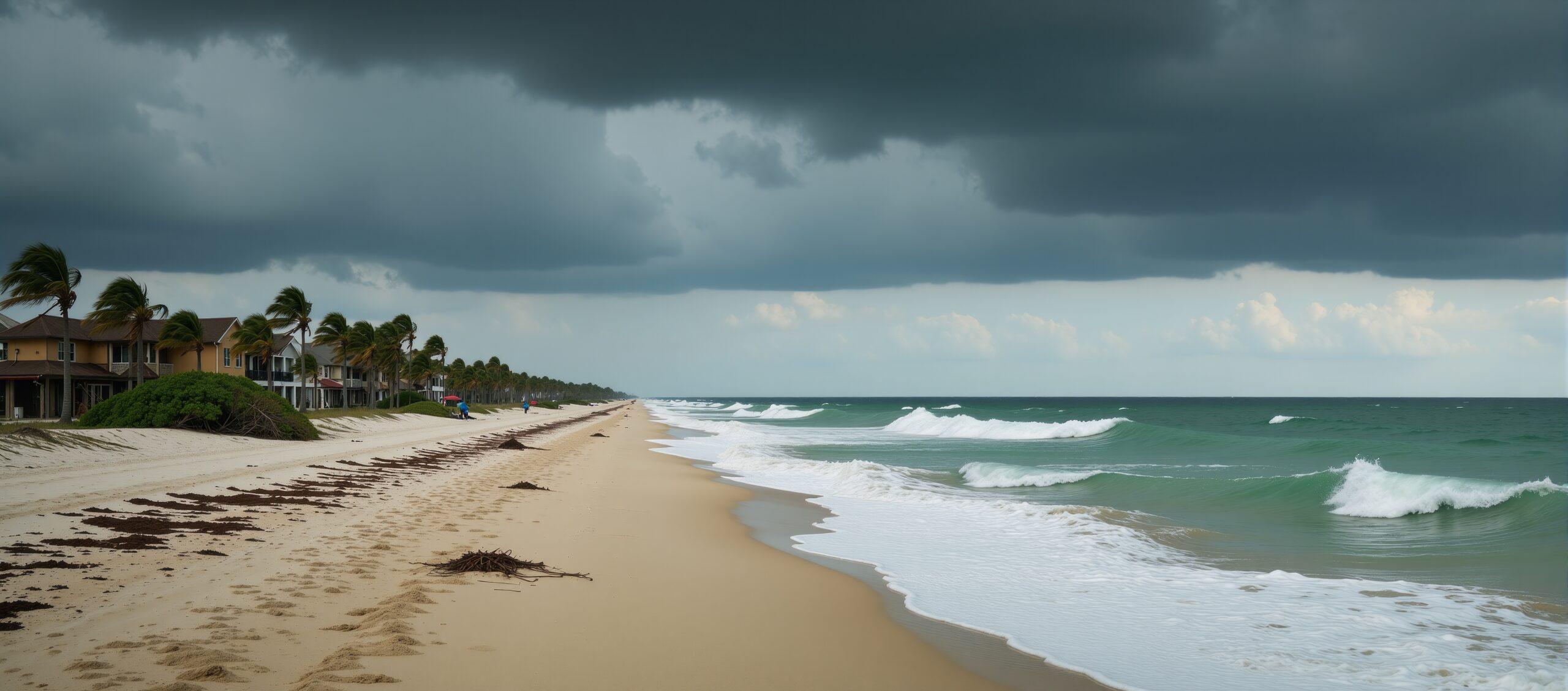 storm clouds rolling in on a sandy waterfront shoreline