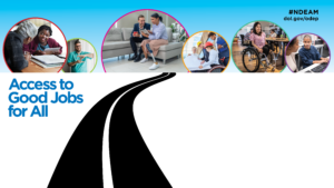 National Disability Employment Awareness Month Teams background. Black road on white background leading to several photos of employees with disabilities in the workplace. Caption reads: Access to good jobs for all