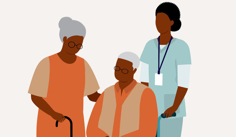 Black Senior Wife With Her Disabled Senior Husband In Wheelchair Is Being Taken Care By A Female Nurse. Isolated On Color Background.