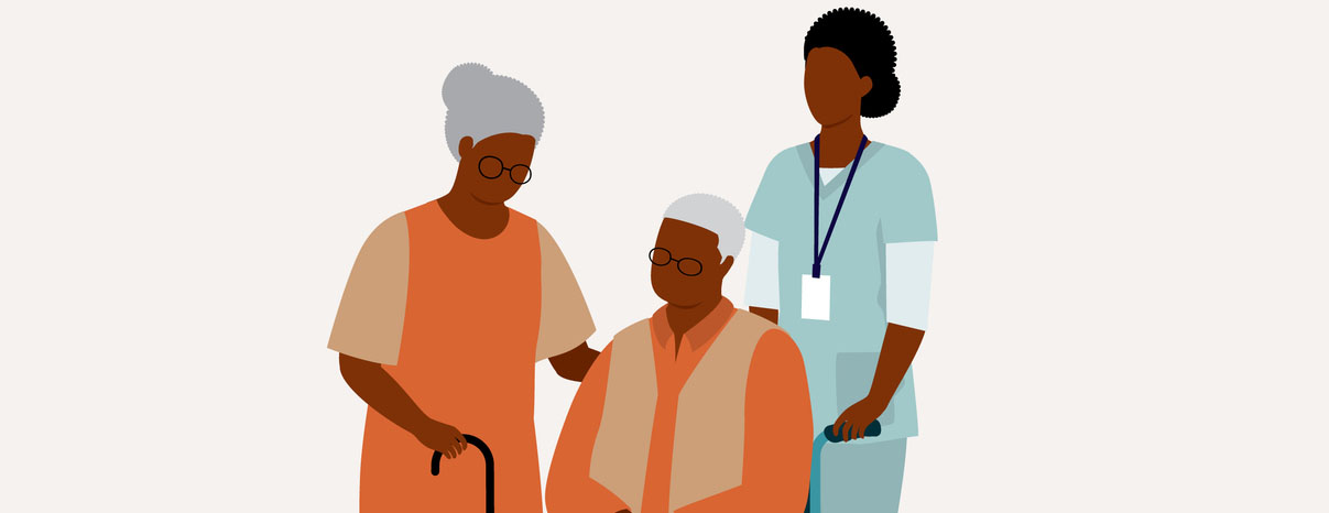 Black Senior Wife With Her Disabled Senior Husband In Wheelchair Is Being Taken Care By A Female Nurse. Isolated On Color Background.