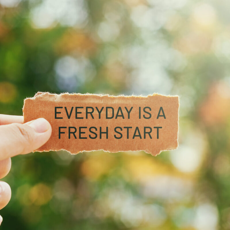 Inspirational life quotes - Everyday is a fresh start written on paper held between two fingers with a bright greenery background