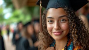 A young girl proudly wears a graduation cap and gown, symbolizing her academic achievement.