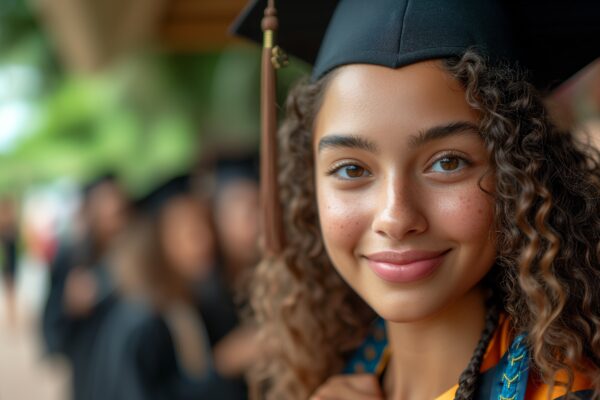 A young girl proudly wears a graduation cap and gown, symbolizing her academic achievement.
