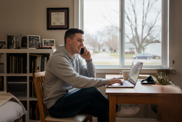 man on cell phone sitting at a desk on laptop