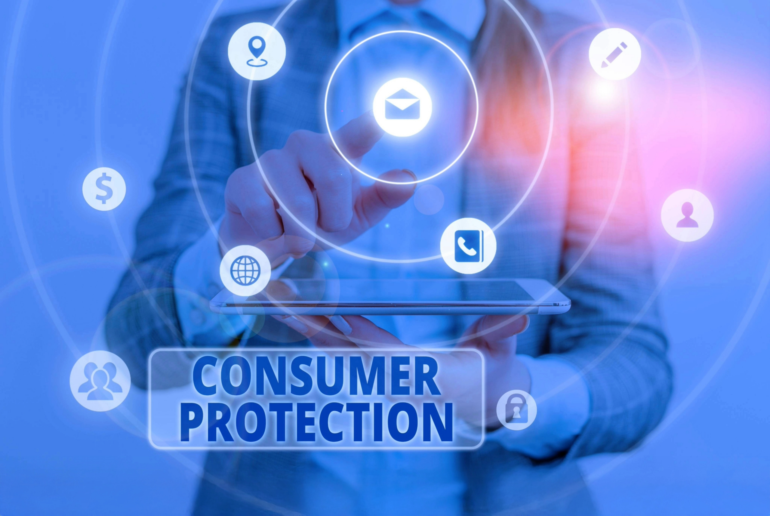 Blue background. Person in suit with the words Consumer Protection on screen.