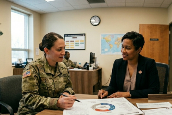 Service member sitting at a desk with financial readiness staff