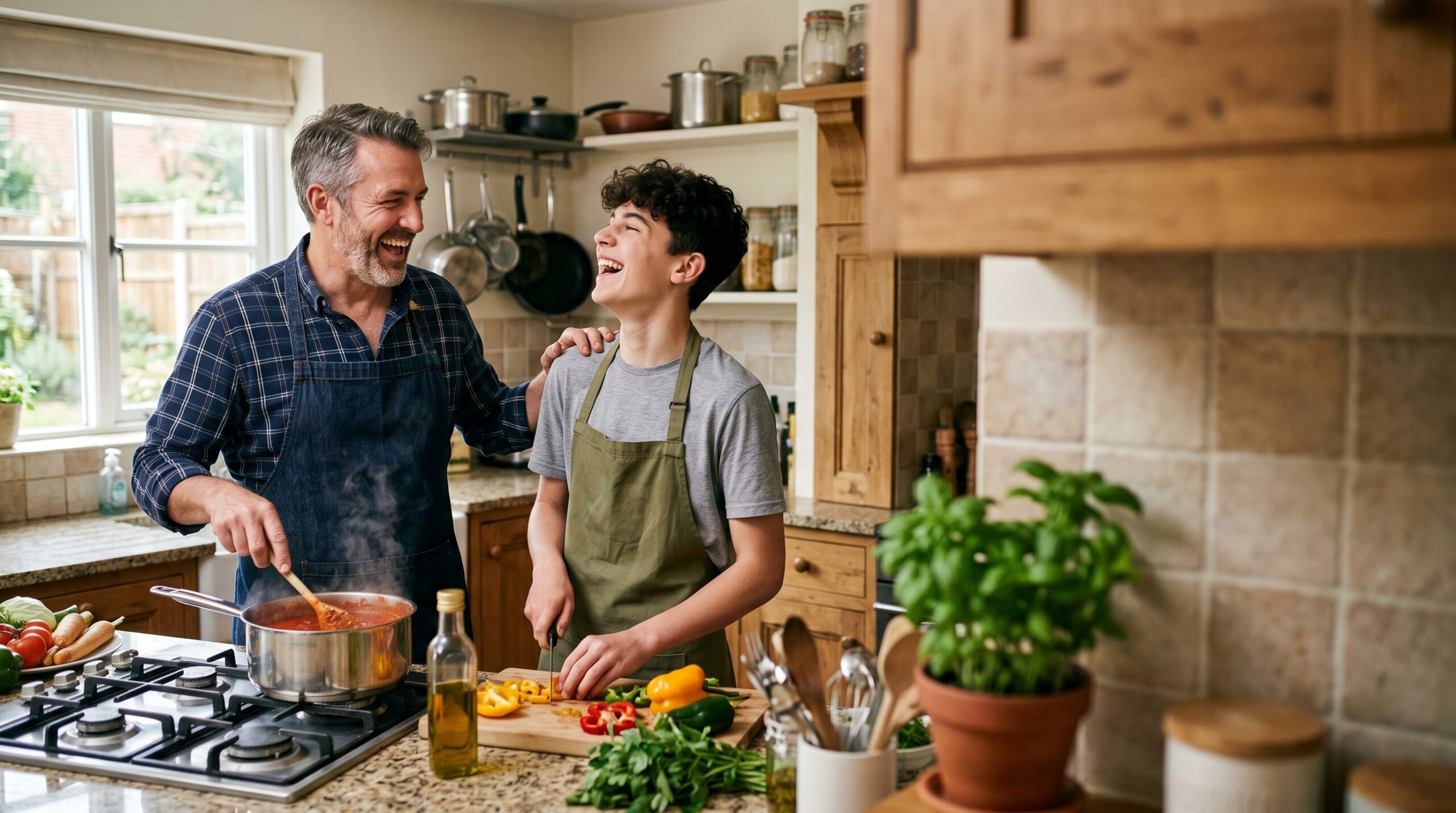 Father and son laughing while cooking together in a bright, modern kitchen preparing a healthy meal with fresh ingredients